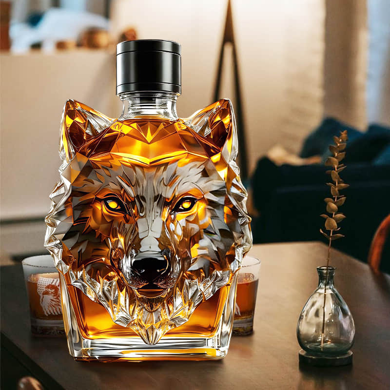 Customer display of wolf whiskey bottle